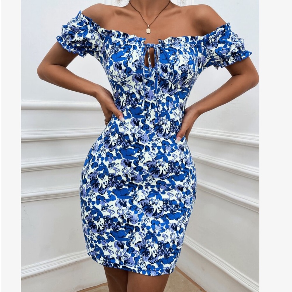 Boho Vibrant Red Floral Print Off Shoulder Bodycon Dress - Picture 8 of 8